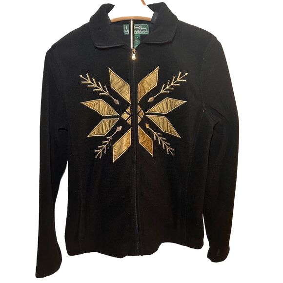 Vintage Ralph Lauren Black Fleece Snowflake Holiday Jacket Full Zip Womens Small - Picture 1 of 10